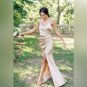 Revelry Rory Gold Champagne Satin Slit Tank Maxi Gown Dress